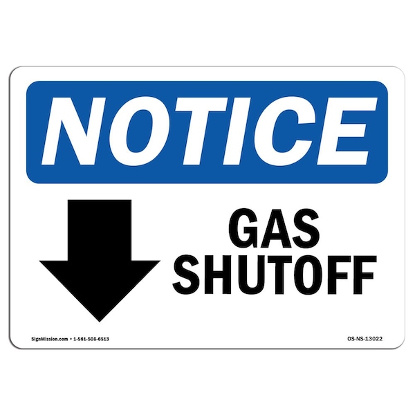 OSHA Notice Sign, 3.5" H, 5" W, Gas Shutoff (Down Arrow) Sign With Symbol, Landscape, 10PK